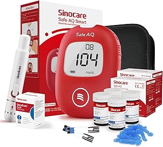 Sinocare Medidor Glucosa en Sangre. Kit Prueba Glucosa en Sangre. 100 x Tiras de Prueba Glucosa en Sangre - mg/dL (Solo Safe AQ Smart)
