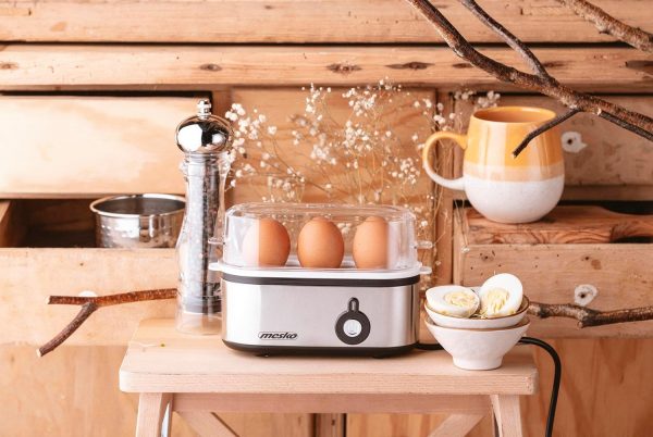 MESKO MS-4485 Cuece Huevos Eléctrico para 3 Huevos, Acero Inoxidable, Protección por Sobre Calentamiento, 350W, Libre de BPA