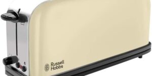 Russell Hobbs Tostadora Colours Plus - 1 Ranura Larga y Ancha para 2 Rebanadas, Bandeja Recogemigas, Calientapanecillos, Función Cancelar y Descongelar, Acero Inoxidable, Crema - 21395-56