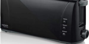 HAEGER Dark Sun - Tostadora Multifunción con 1000W - Ranura Extra Larga, Control de Tostado - 6 Posiciones, 3 Funciones: recalentar, descongelar y cancelar, Impulso Extra para pequeñas rebanadas