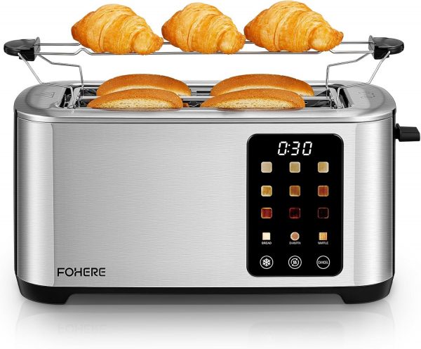 Tostadora, 2 Ranuras largas y anchas, 9 Niveles de dorado Posiciones Tostado, con Control de Pantalla Táctil Soporte para Panecillos y Bandeja Recogemigas,Cancelación/Descongelación/Recalentamiento