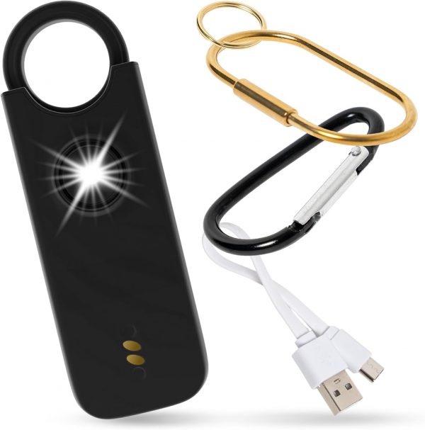 Alarma de Seguridad Personal, Llavero con Sirena de 135dB y Luz Led Estroboscópica para Mujeres, Niños, Ancianos, Sistema de Emergencia y Autodefensa Recargable. (Negra)