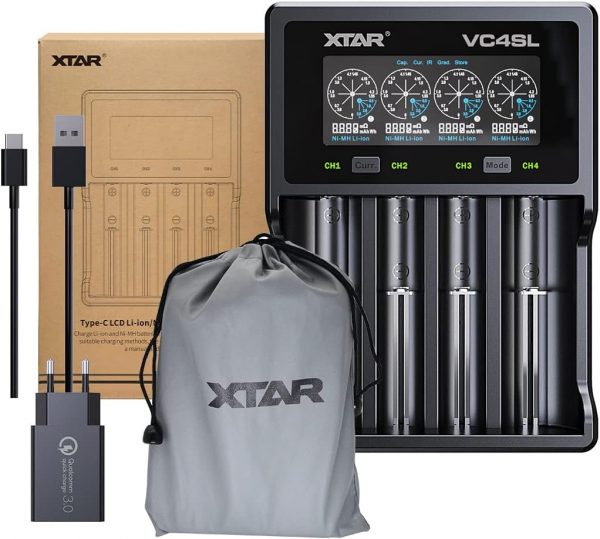 Cargador de batería XTAR VC4SL: Cargador USB-C, corriente de carga personalizable, prueba y recuperación de capacidad de la batería, compatible con baterías Li-ion y Ni-MH recargables