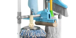 Soporte para escobas para fregonas, almacenamiento para dispositivos de limpieza, carrito de limpieza móvil, resuelve el problema de las mopas que gotean y suelos húmedos