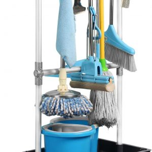 Soporte para escobas para fregonas, almacenamiento para dispositivos de limpieza, carrito de limpieza móvil, resuelve el problema de las mopas que gotean y suelos húmedos