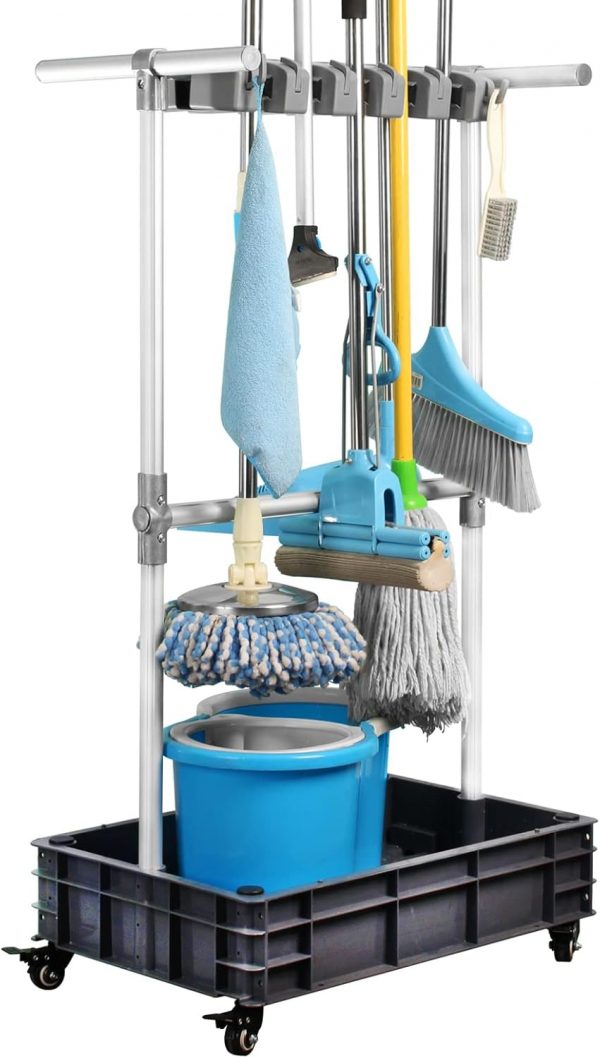 Soporte para escobas para fregonas, almacenamiento para dispositivos de limpieza, carrito de limpieza móvil, resuelve el problema de las mopas que gotean y suelos húmedos