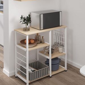 SogesPower Estantería de repostería, microondas, Estantería de 3 Niveles, con Ganchos en Forma de S, Estante para Utensilios de Cocina y Especias, 90 x 40 x 83 cm, Arce