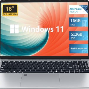 Ordenador Portátil 16 Pulgadas, PC Portátil Alder Lake-N100, Portátil Con 16GB RAM 512GB SSD, Laptop Win11, Clavier Rétroéclairé, Desbloqueo de huellas dactilares BT 5.0/WiFi 5/USB 3.0*2/Mini HDMI