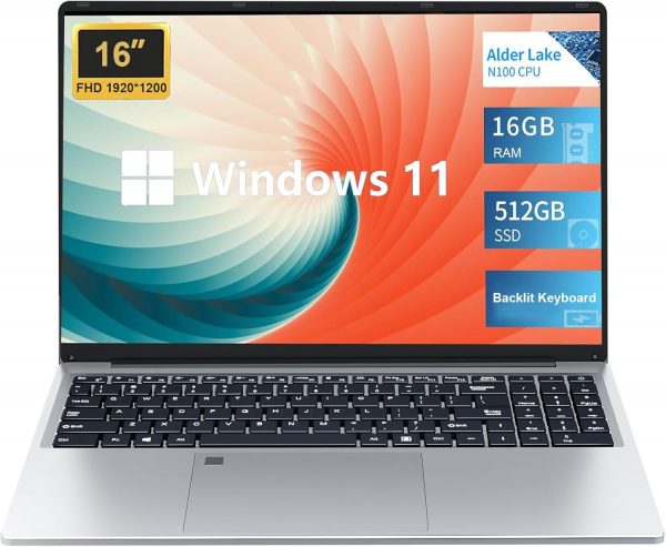 Ordenador Portátil 16 Pulgadas, PC Portátil Alder Lake-N100, Portátil Con 16GB RAM 512GB SSD, Laptop Win11, Clavier Rétroéclairé, Desbloqueo de huellas dactilares BT 5.0/WiFi 5/USB 3.0*2/Mini HDMI