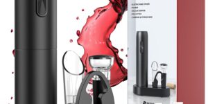 Sacacorchos eléctrico recargable con base de carga, abridor de vino electrico 6 en 1 juego regalo cumpleaños abrebotellas con vertedor aireador, tapón de vino al vacío, cortador láminas y cable USB