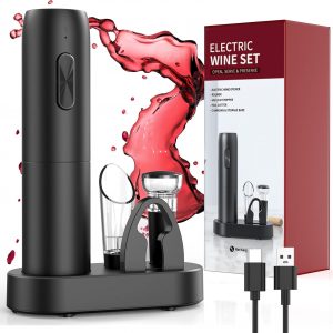 Sacacorchos eléctrico recargable con base de carga, abridor de vino electrico 6 en 1 juego regalo cumpleaños abrebotellas con vertedor aireador, tapón de vino al vacío, cortador láminas y cable USB