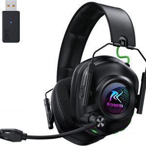 KGH2 Cascos Gaming Inalámbricos, 2.4 GHz Auriculares Gaming para PS4, PS5, PC, Mac, Switch, Auriculares Bluetooth con Micrófono, Cancelación de Ruido, Luz LED y Duración 40Hr+, Negro