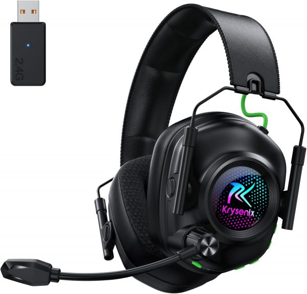 KGH2 Cascos Gaming Inalámbricos, 2.4 GHz Auriculares Gaming para PS4, PS5, PC, Mac, Switch, Auriculares Bluetooth con Micrófono, Cancelación de Ruido, Luz LED y Duración 40Hr+, Negro