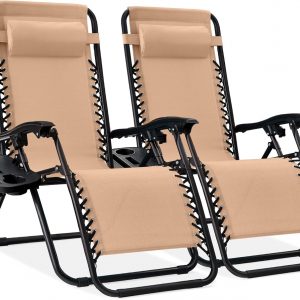 T Set de 2 Tumbonas Reclinables con Portavasos,Tumbonas Jardin Exterior Silla de Playa con Portavasos y Reposacabezas,Silla de Playa Ajustable para Jardín,Playa,Piscina,Terraza,Carga de 150 KG