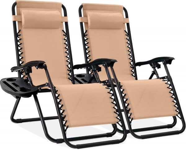 T Set de 2 Tumbonas Reclinables con Portavasos,Tumbonas Jardin Exterior Silla de Playa con Portavasos y Reposacabezas,Silla de Playa Ajustable para Jardín,Playa,Piscina,Terraza,Carga de 150 KG
