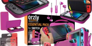 Orzly ULTIMATE PACK Accesorios para Nintendo Switch [Incluye: Protectores de Pantalla, Cable USB, Funda para Consola, Estuche Tarjetas de Juego, FlexiCase para los mandos JoyCon, Auriculares] – ROSA