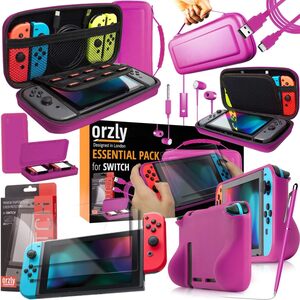 Orzly ULTIMATE PACK Accesorios para Nintendo Switch [Incluye: Protectores de Pantalla, Cable USB, Funda para Consola, Estuche Tarjetas de Juego, FlexiCase para los mandos JoyCon, Auriculares] – ROSA