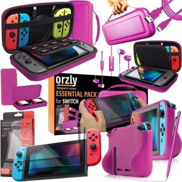 Orzly ULTIMATE PACK Accesorios para Nintendo Switch [Incluye: Protectores de Pantalla, Cable USB, Funda para Consola, Estuche Tarjetas de Juego, FlexiCase para los mandos JoyCon, Auriculares] – ROSA
