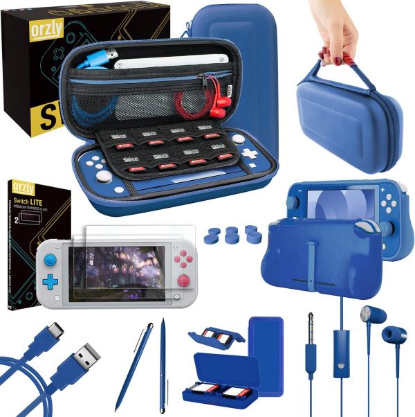 Orzly Accesorios para Nintendo Switch Lite – Pack Incluye: Protectores de Pantalla & Funda para Switch Lite Consola, Funda Comfort Grip, Cable USB, Auriculares y más.. [Naranja]